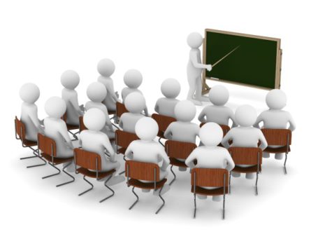 teacher with pointer at blackboard. Isolated 3D image